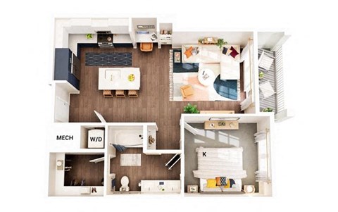 Floor plan for 1 bed, 1 bath, 793 sqft